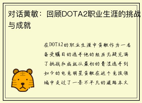 对话黄敏：回顾DOTA2职业生涯的挑战与成就