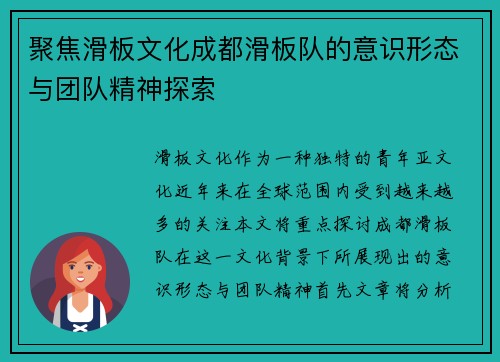 聚焦滑板文化成都滑板队的意识形态与团队精神探索